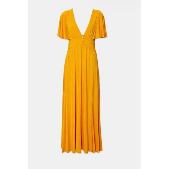 Forever 21 Yellow V Neck Flutter Sleeve Maxi Dress Button Front Slit Size L - Picture 6 of 7